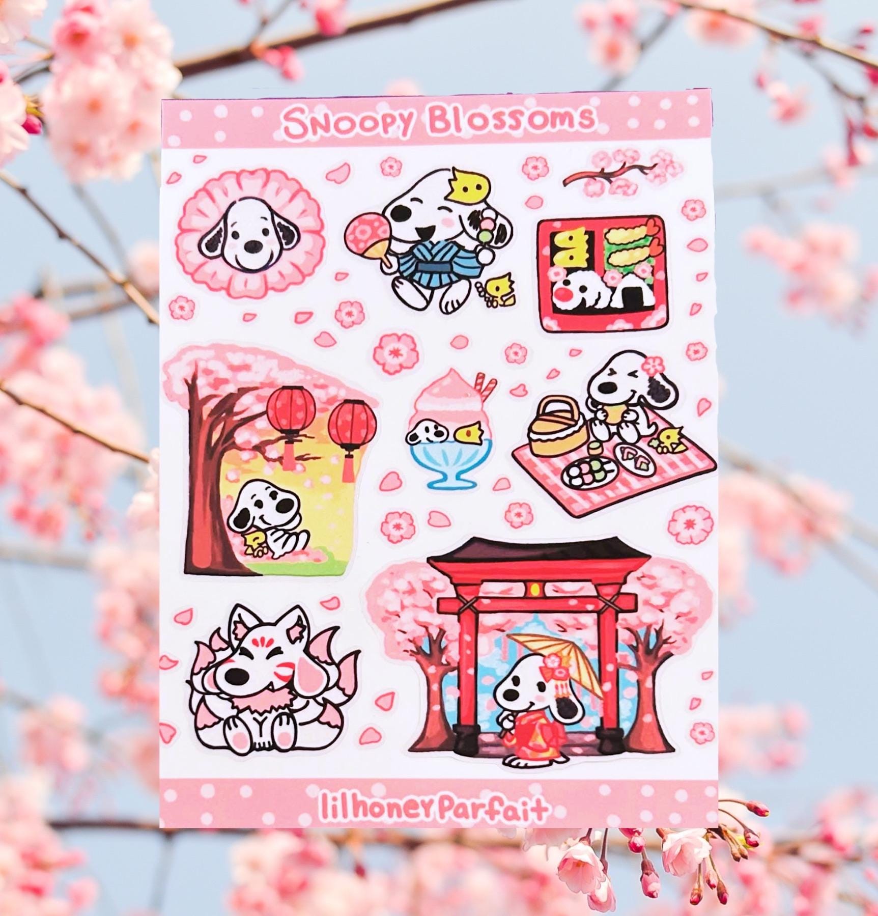 Sakura blossom Snoopie Sticker Sheet: Glossy Vinyl Waterproof Decals