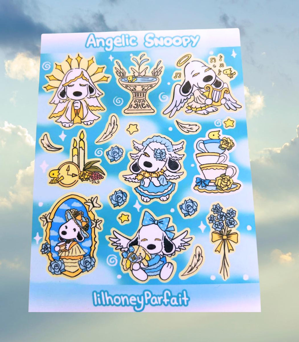 Angelic Snoopie Sticker Sheet: Glossy Vinyl Waterproof Decals