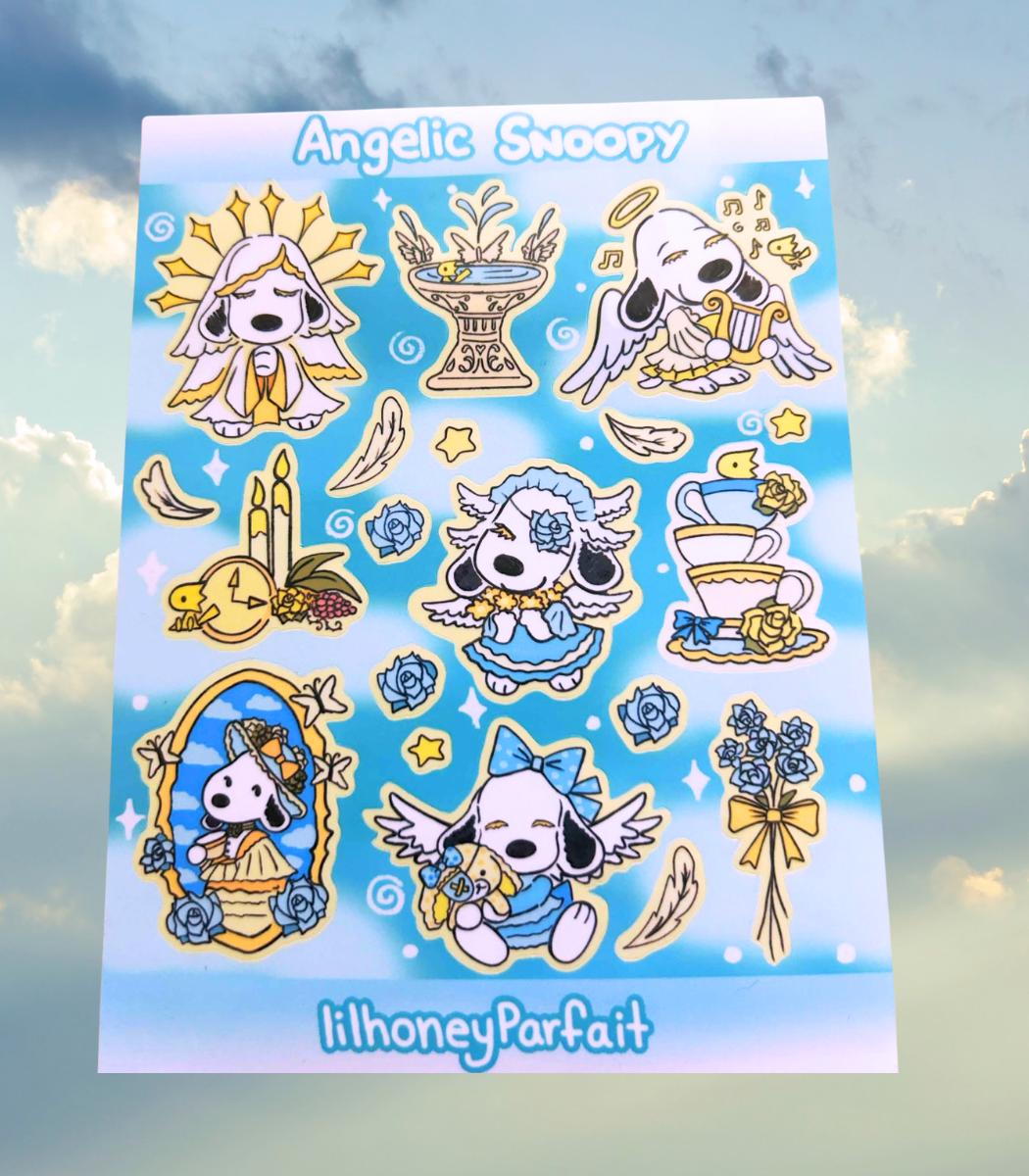 Angelic Snoopie Sticker Sheet: Glossy Vinyl Waterproof Decals