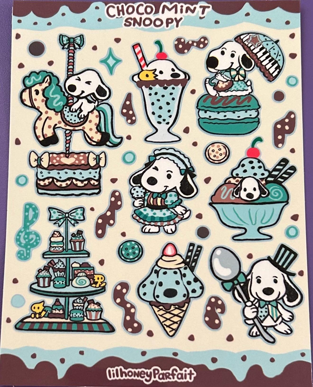 Choco Mint Snoopie Sticker Sheet: Glossy Vinyl Waterproof Decals
