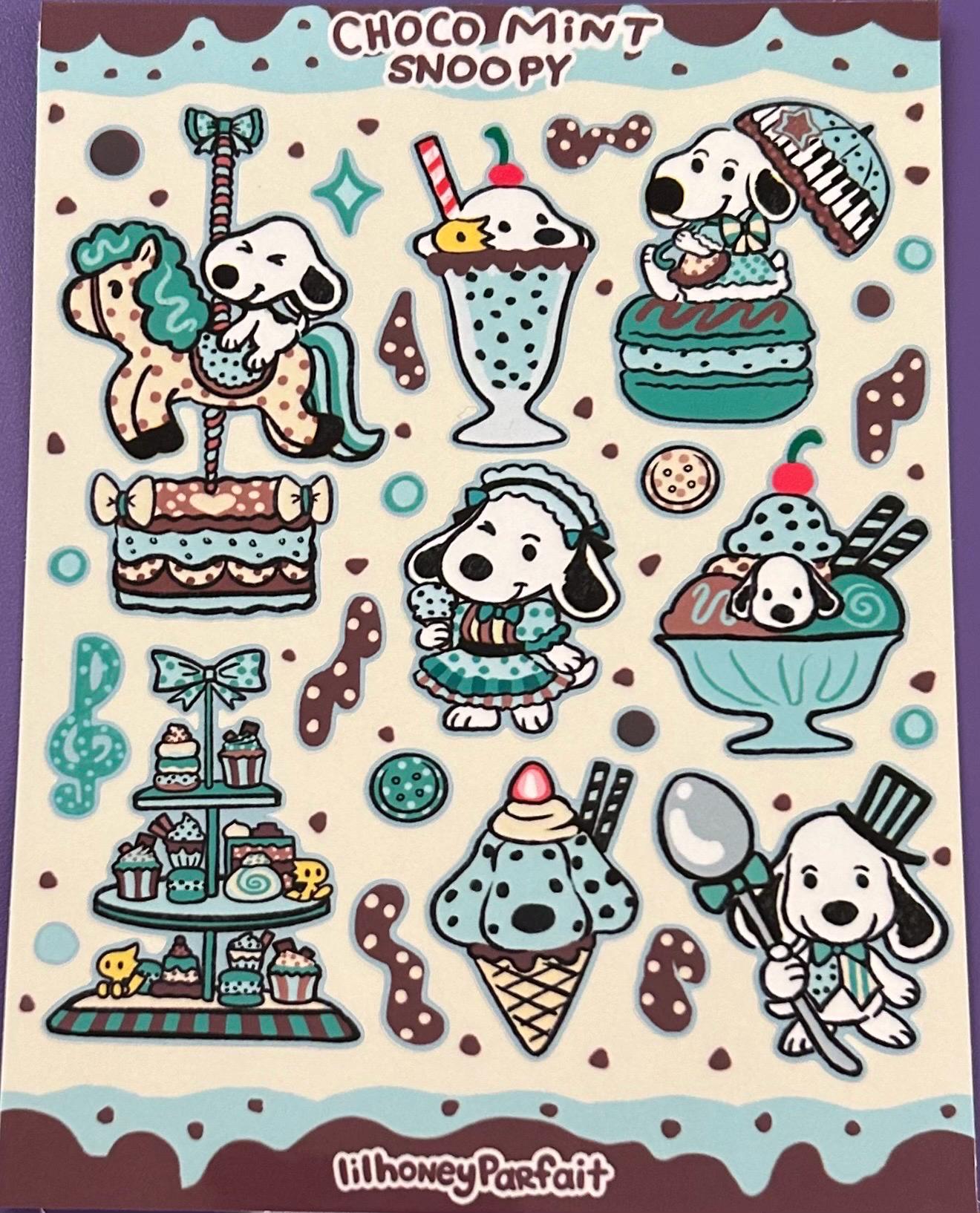 Choco Mint Snoopie Sticker Sheet: Glossy Vinyl Waterproof Decals