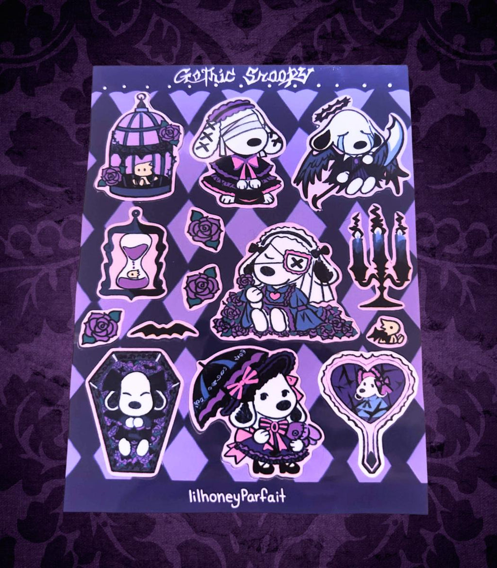 Gothic Snoopie Sticker Sheet: Glossy Vinyl Waterproof Decals