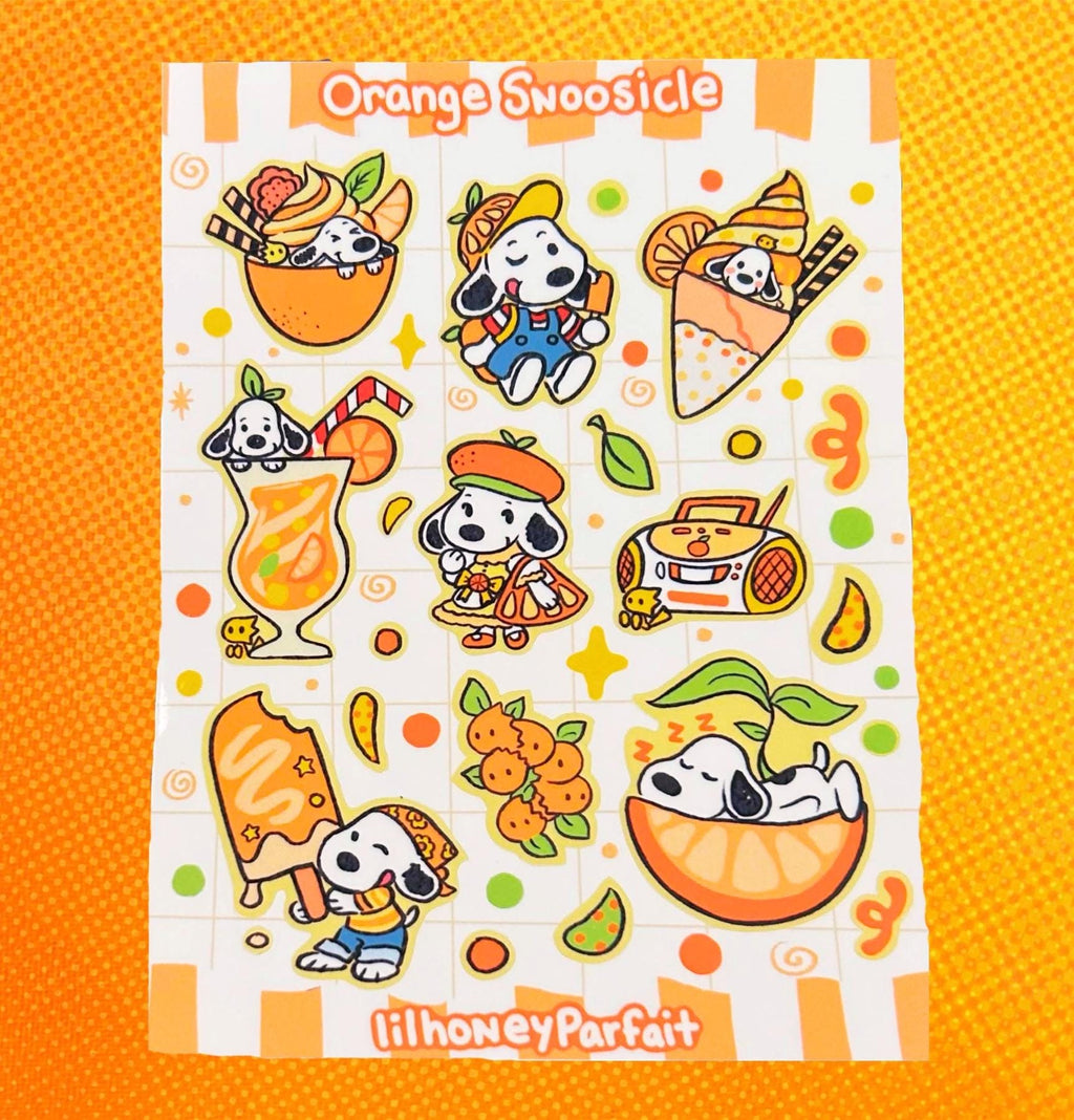 Orange sicle Snoopie Sticker Sheet: Glossy Vinyl Waterproof Decals