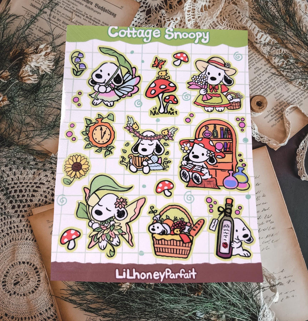 Cottage Snoopie Sticker Sheet: Glossy Vinyl Waterproof Decals