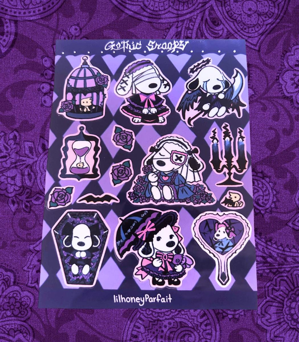 Gothic Snoopie Sticker Sheet: Glossy Vinyl Waterproof Decals