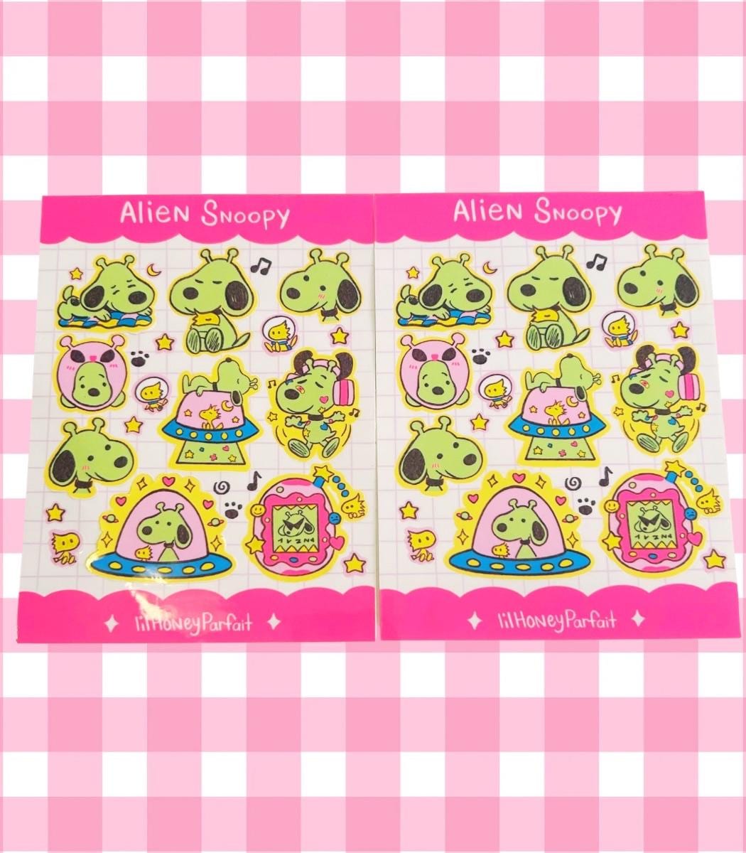 Alien Snoopie Sticker Sheet: Glossy Vinyl Waterproof Decals