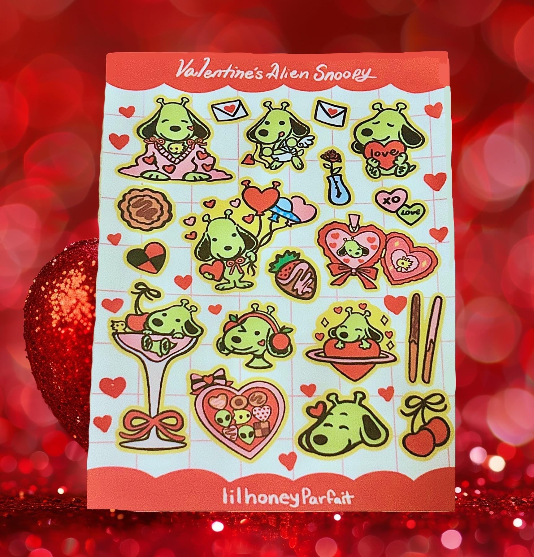 Valentine Alien Snoopie Sticker Sheet: Glossy Vinyl Waterproof Decals