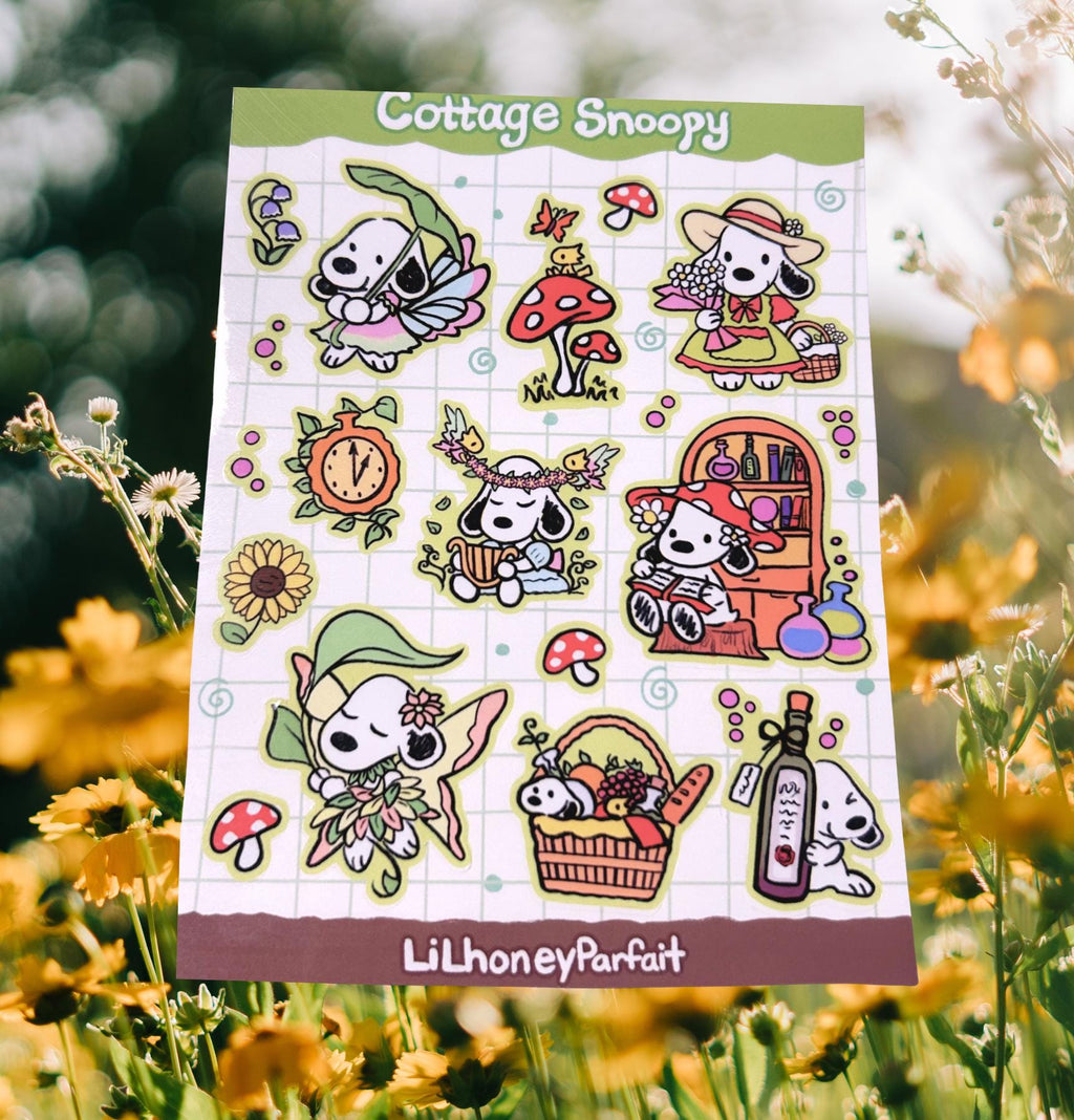 Cottage Snoopie Sticker Sheet: Glossy Vinyl Waterproof Decals