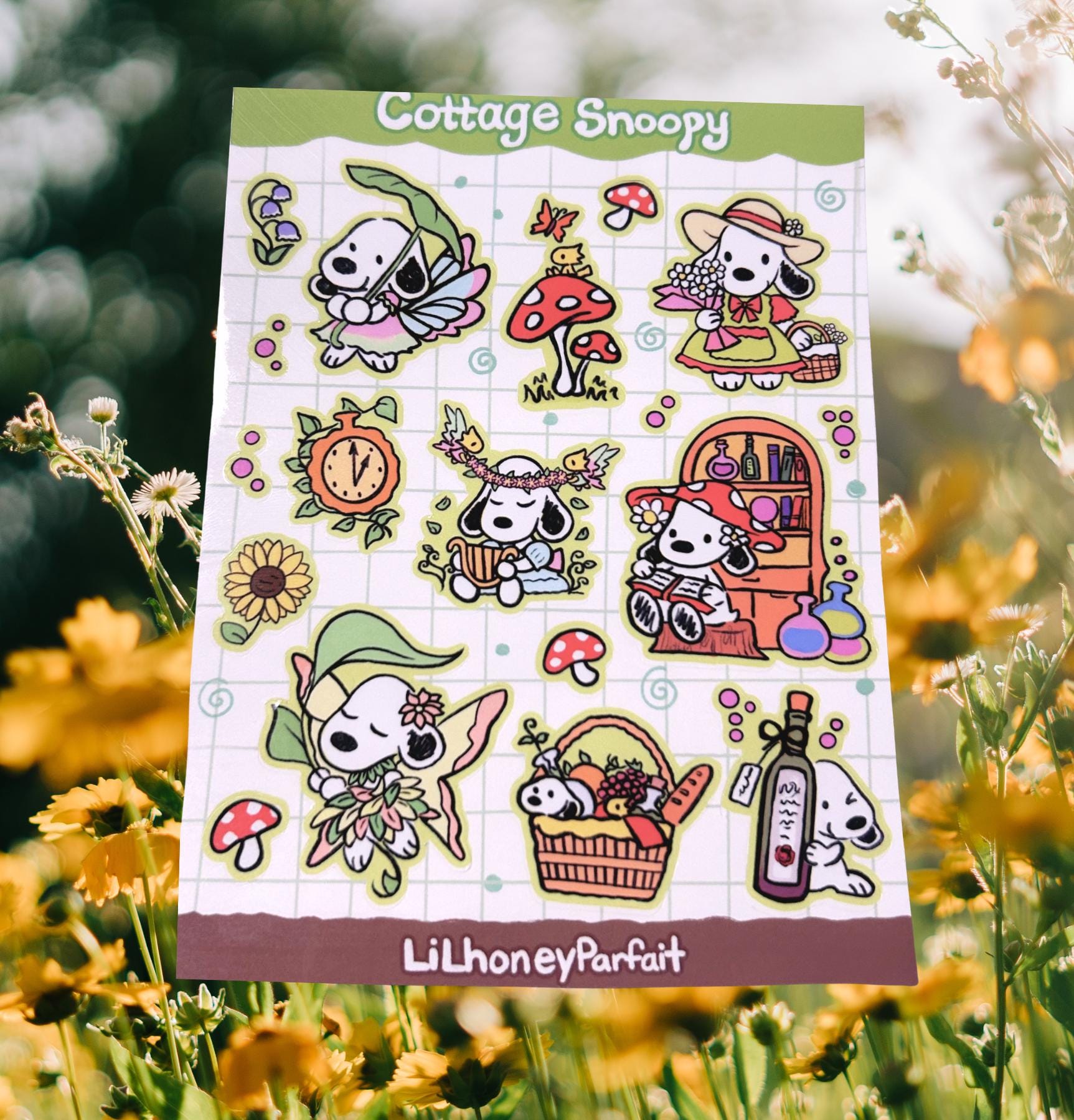 Cottage Snoopie Sticker Sheet: Glossy Vinyl Waterproof Decals