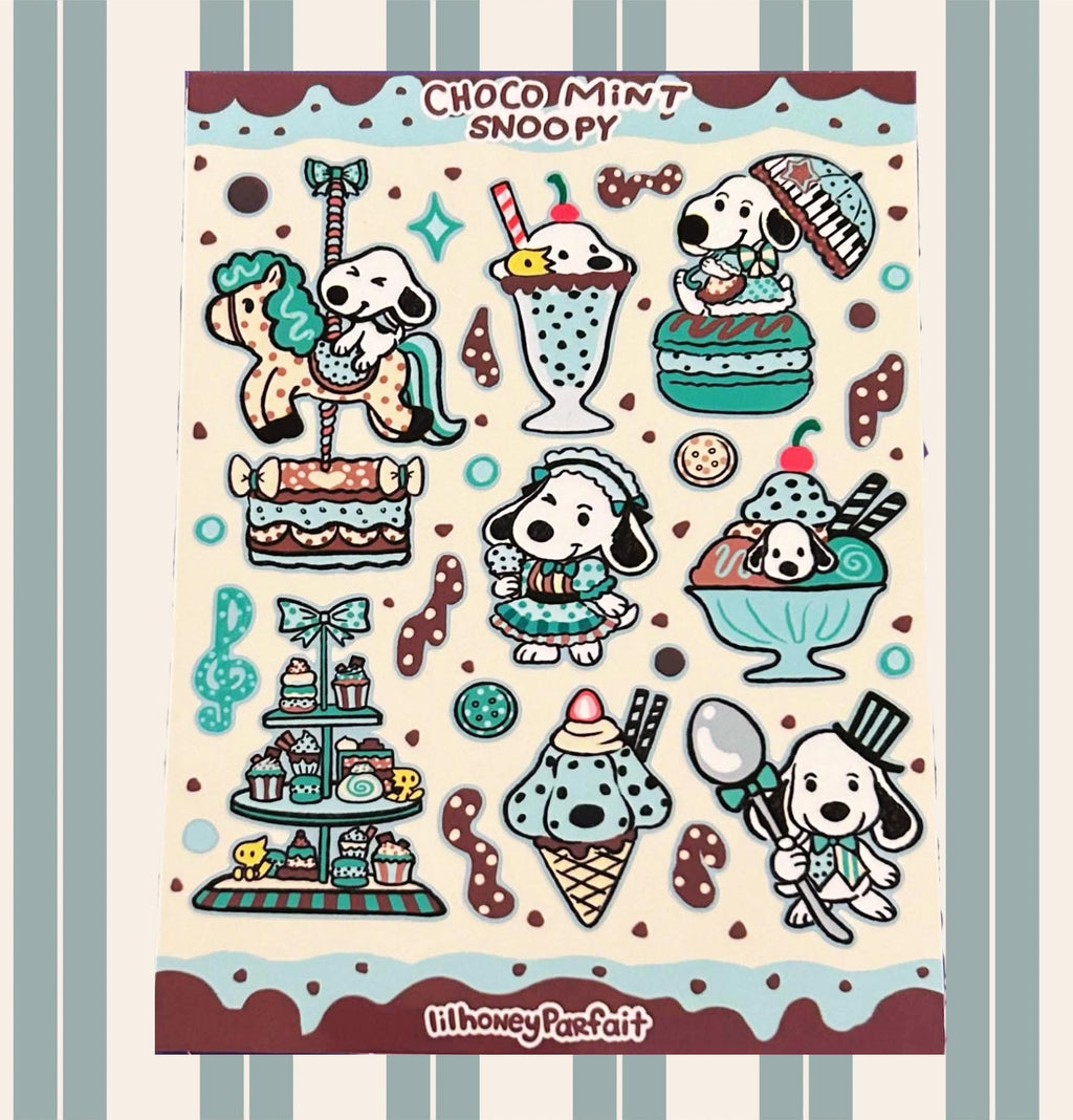 Choco Mint Snoopie Sticker Sheet: Glossy Vinyl Waterproof Decals