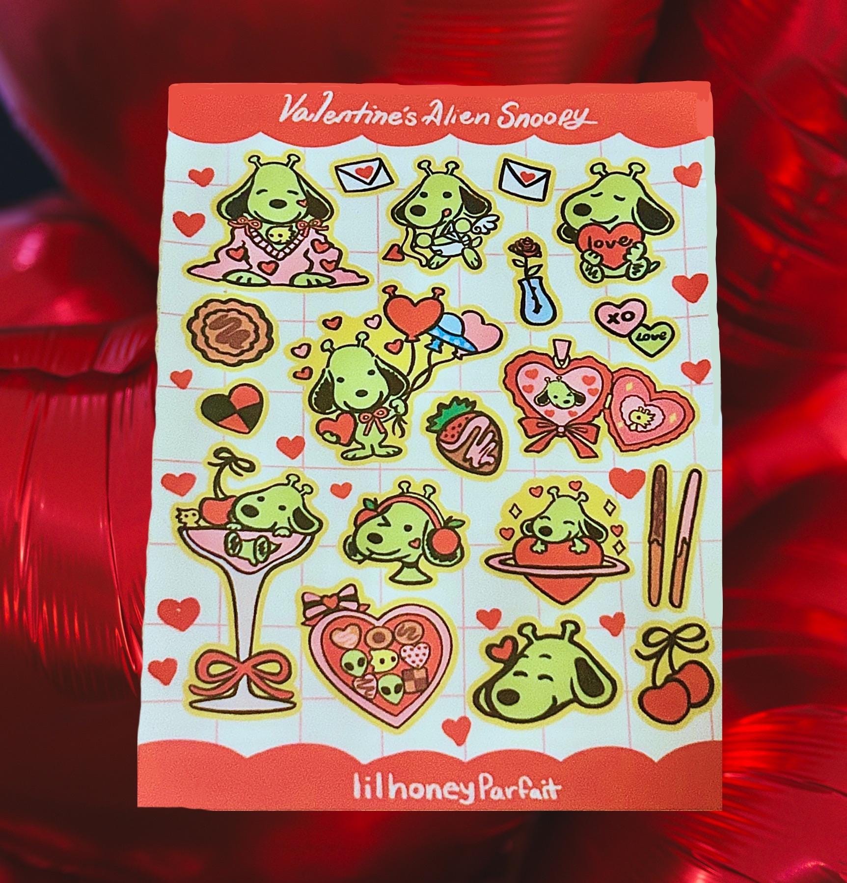 Valentine Alien Snoopie Sticker Sheet: Glossy Vinyl Waterproof Decals
