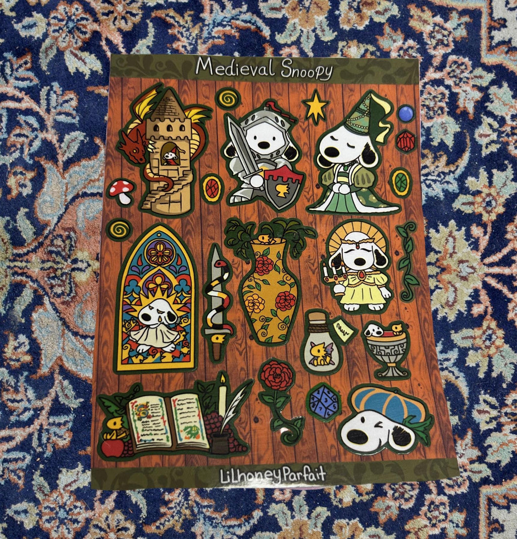 Medieval Snoopie Sticker Sheet: Glossy Vinyl Waterproof Decals