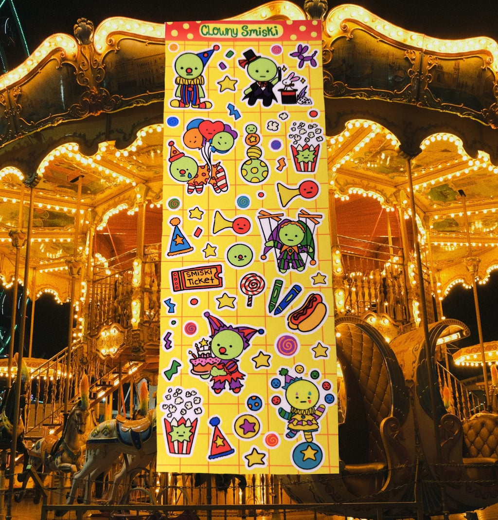 Clowny Smiski Sticker Sheet: Glossy Vinyl Waterproof Decals