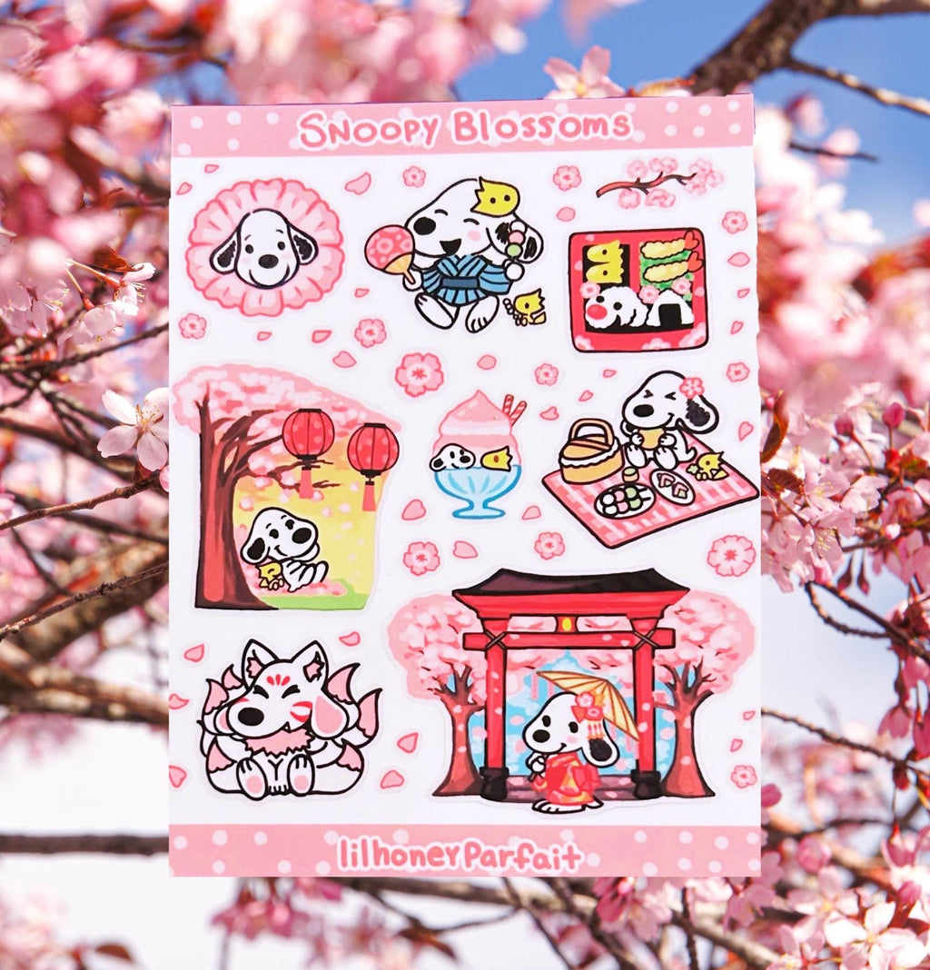 Sakura blossom Snoopie Sticker Sheet: Glossy Vinyl Waterproof Decals