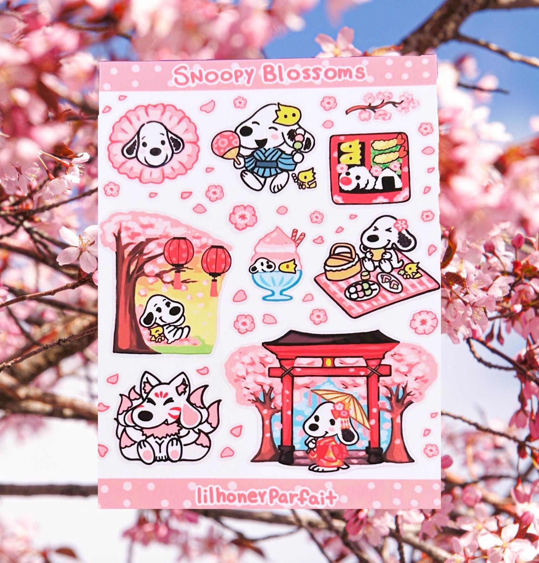 Sakura blossom Snoopie Sticker Sheet: Glossy Vinyl Waterproof Decals
