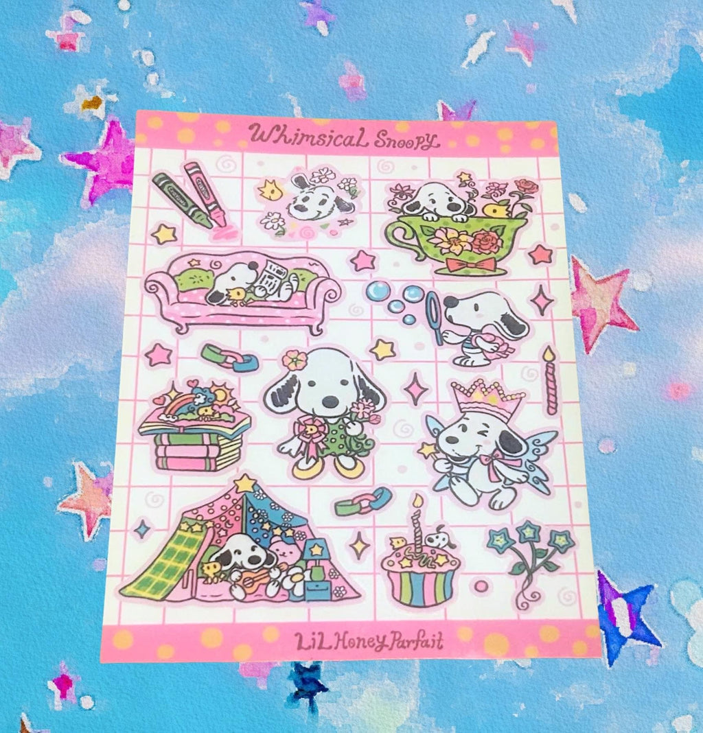 Whimsical Snoopie Sticker Sheet: Glossy Vinyl Waterproof Decals