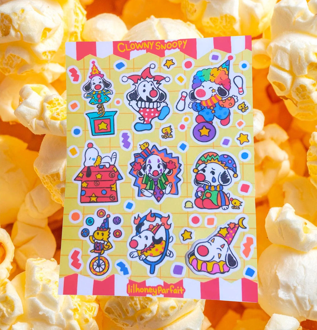 Clowny Snoopie Sticker Sheet: Glossy Vinyl Waterproof Decals