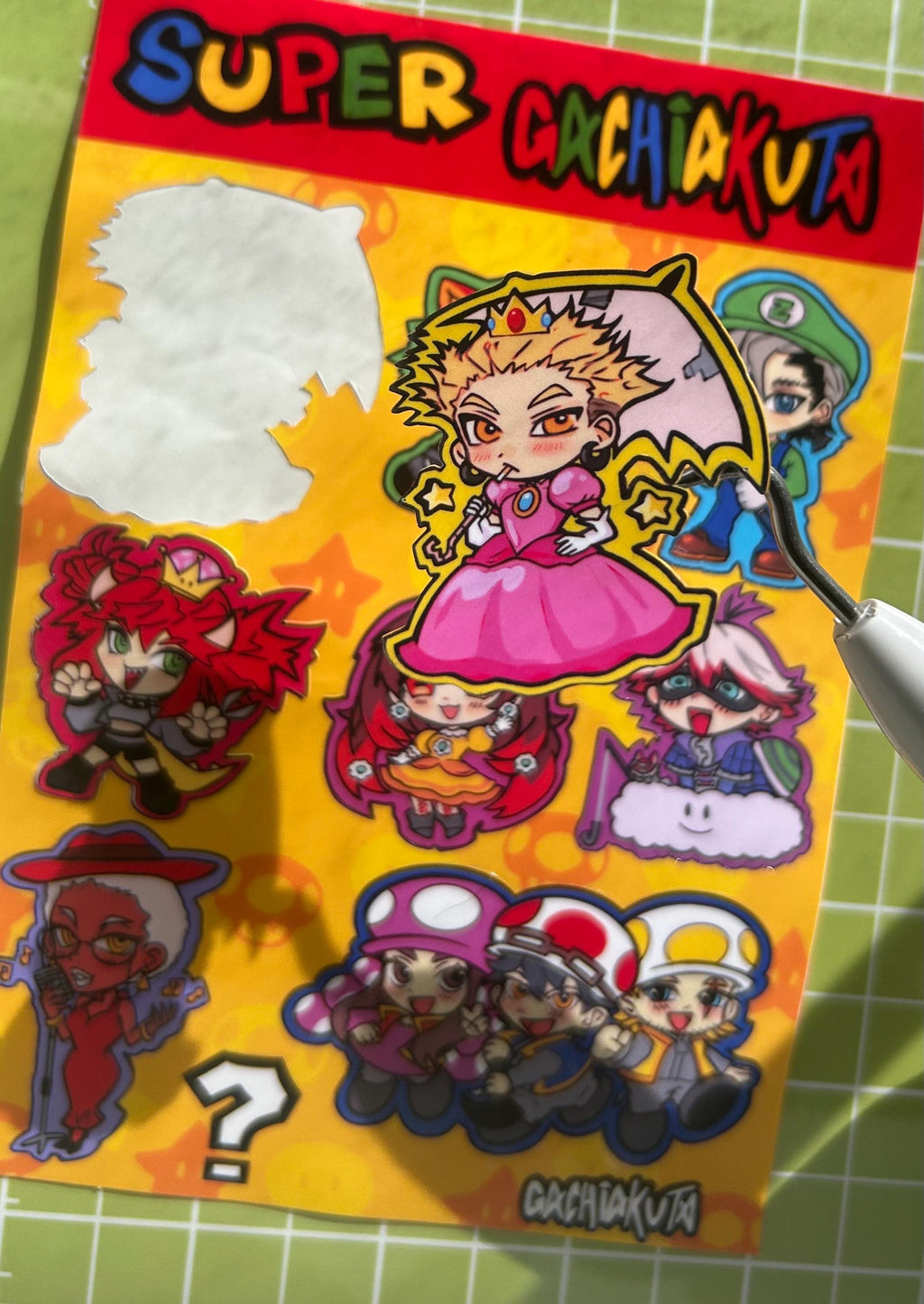 Yellow Super Gachi Sticker Sheet: Glossy Vinyl Waterproof Decals