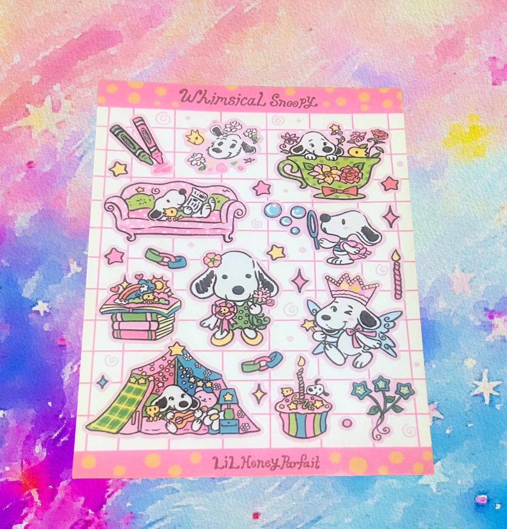 Whimsical Snoopie Sticker Sheet: Glossy Vinyl Waterproof Decals