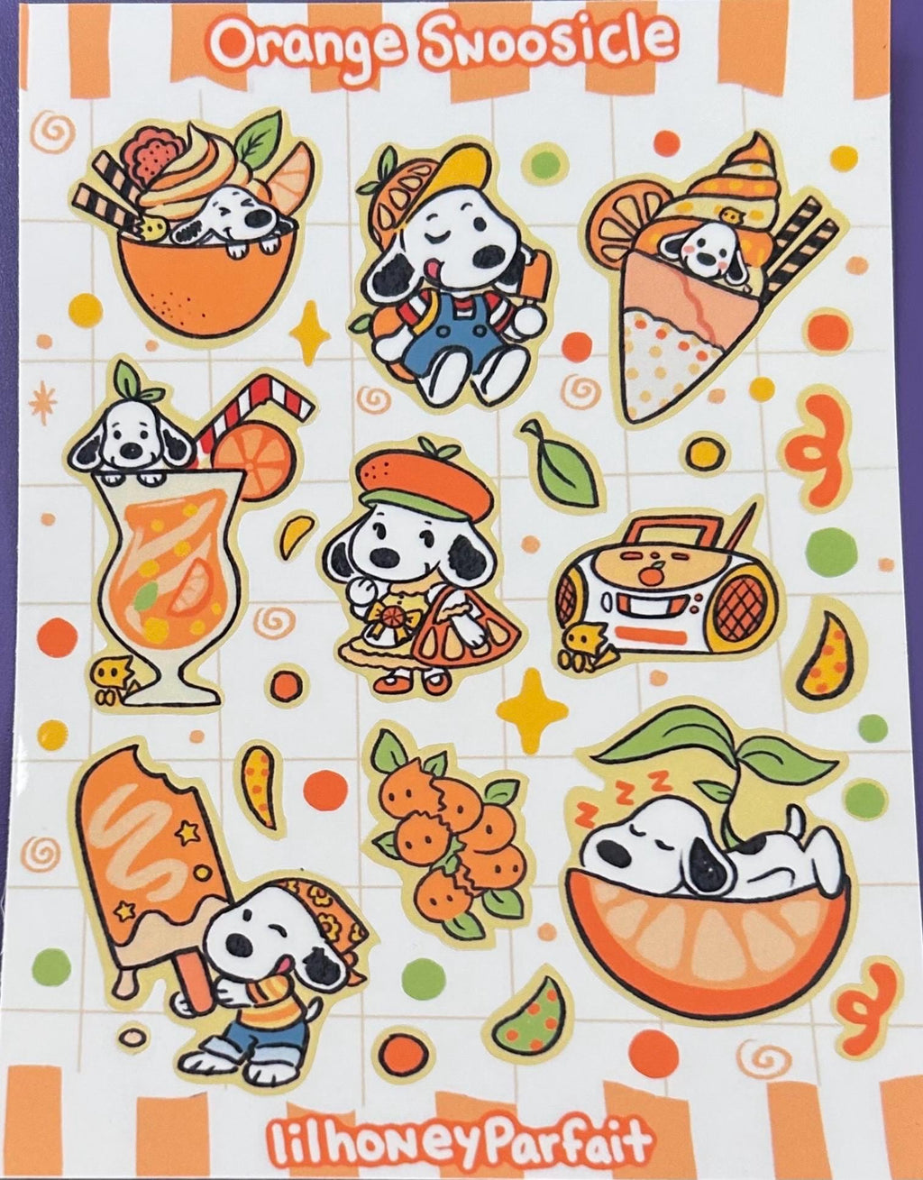 Orange sicle Snoopie Sticker Sheet: Glossy Vinyl Waterproof Decals