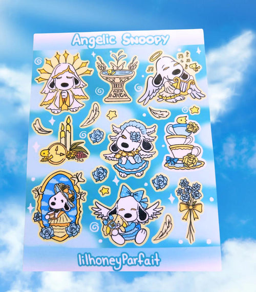 Angelic Snoopie Sticker Sheet: Glossy Vinyl Waterproof Decals