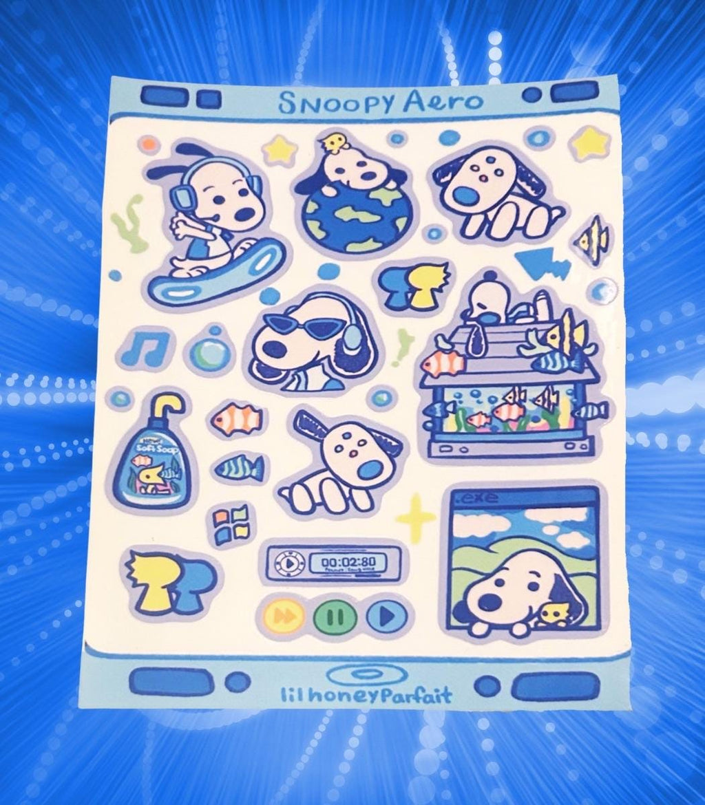 Frutiger aero Snoopie Sticker Sheet: Glossy Vinyl Waterproof Decals