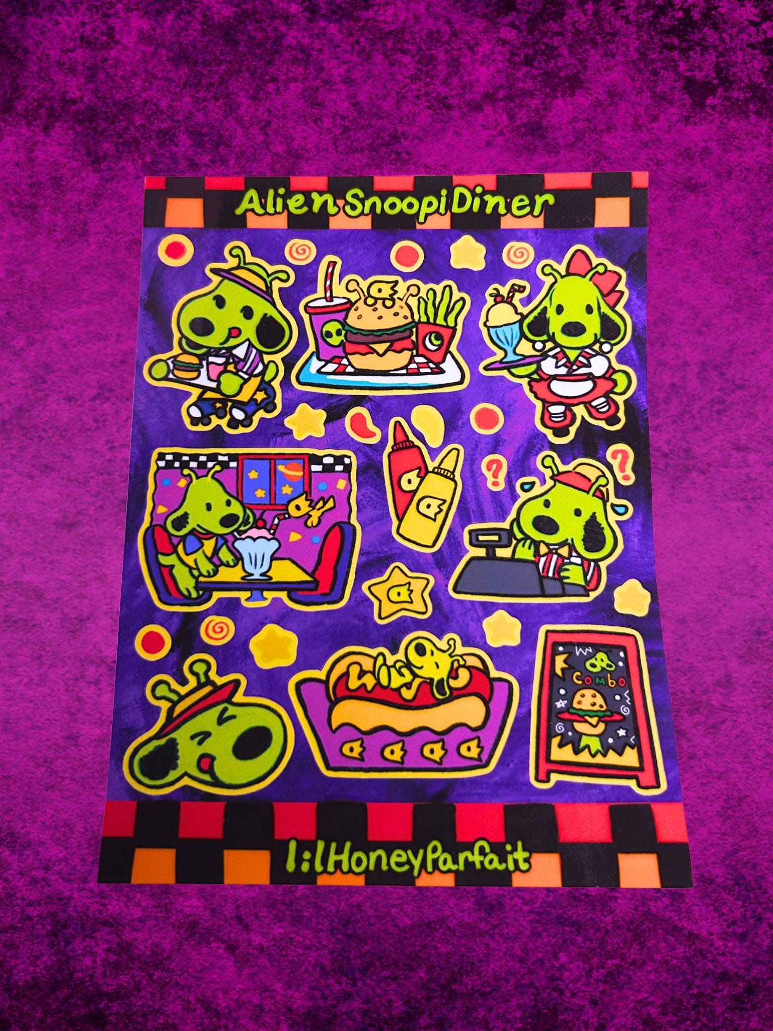 Alien Snoopie Diner Sticker Sheet: Glossy Vinyl Waterproof Decals