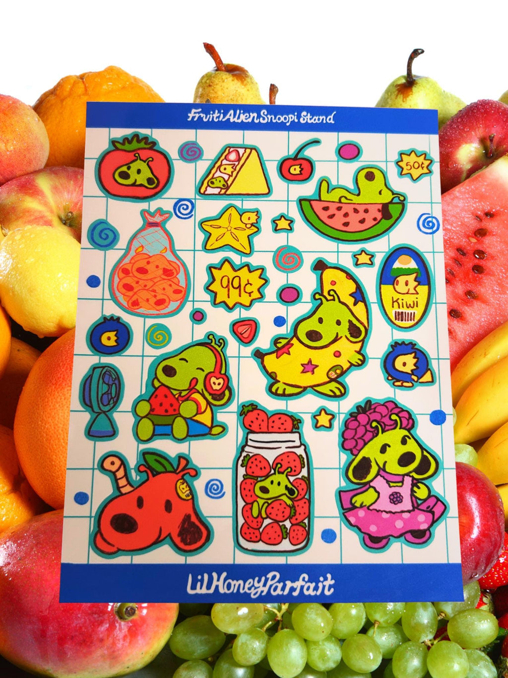 Fruity Alien Snoopie Sticker Sheet: Glossy Vinyl Waterproof Decals