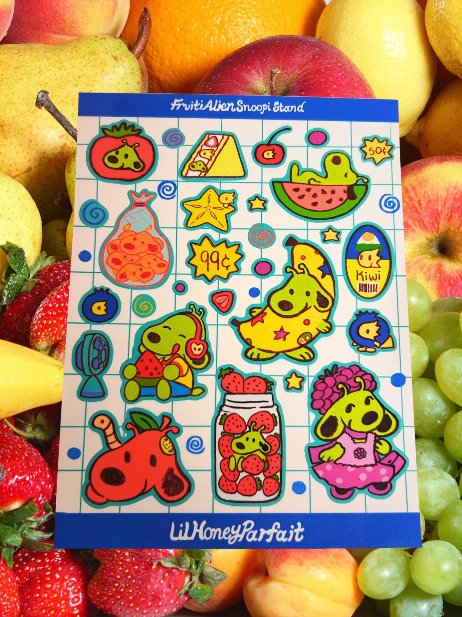 Fruity Alien Snoopie Sticker Sheet: Glossy Vinyl Waterproof Decals