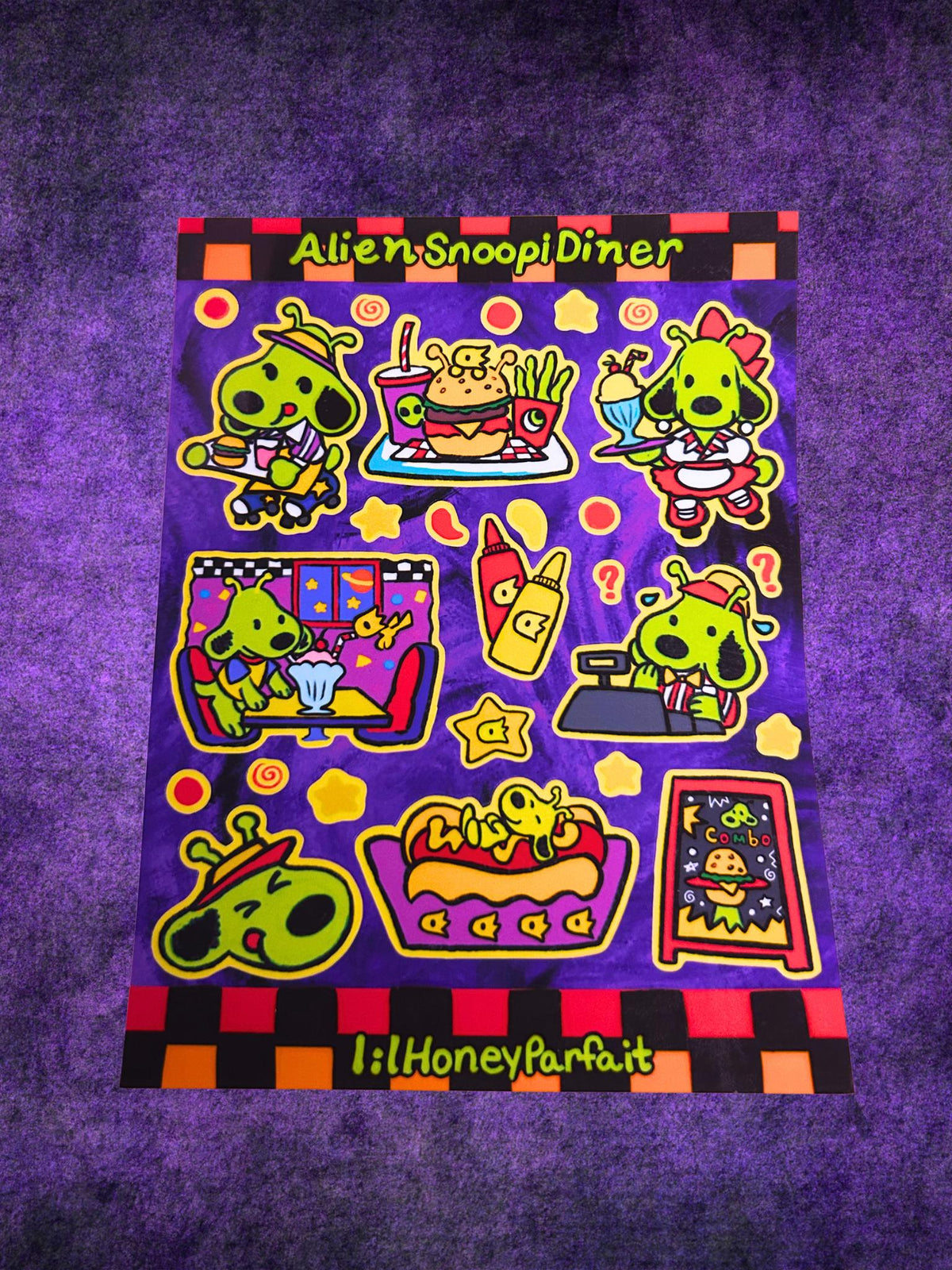 Alien Snoopie Diner Sticker Sheet: Glossy Vinyl Waterproof Decals