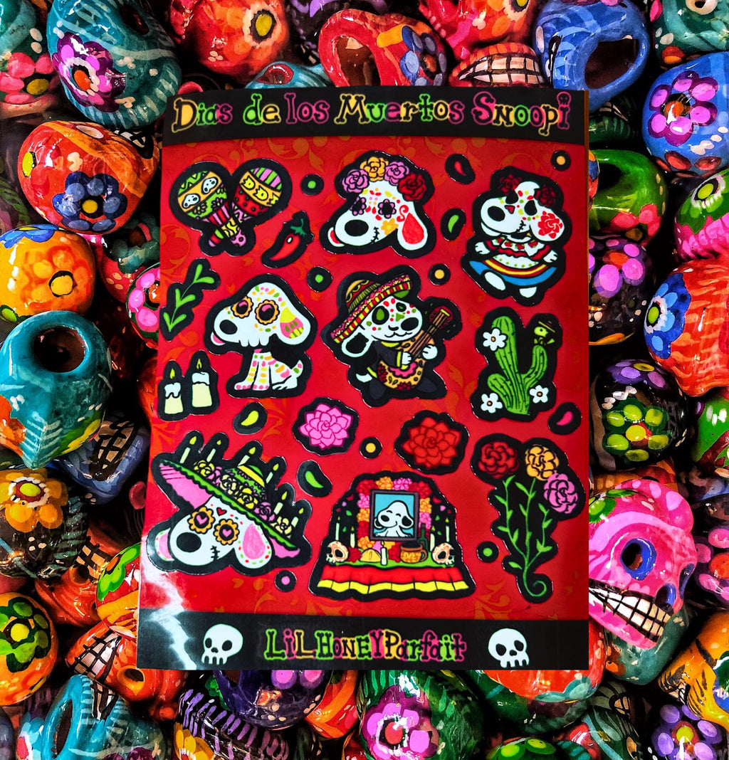 Dìa de los Muertos Snoopie Sticker Sheet: Glossy Vinyl Waterproof Decals